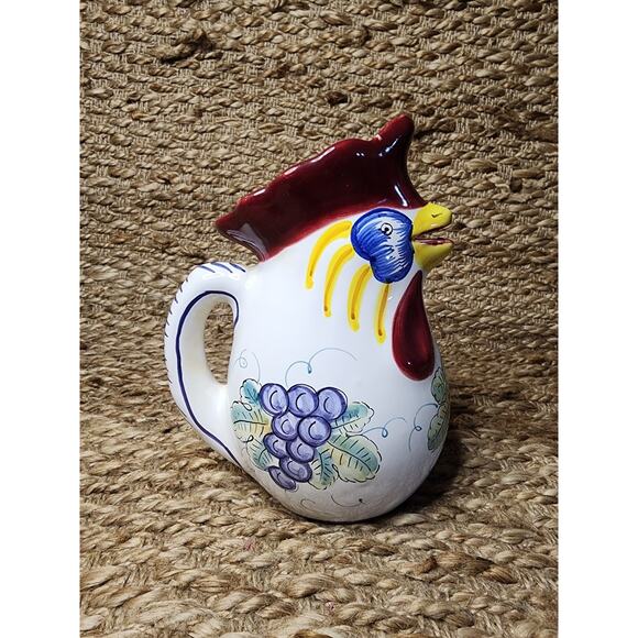 Vintage Pottery Derutta Girasole Italy Rooster Pitcher Hand Painted Grapes 8" - Picture 1 of 9